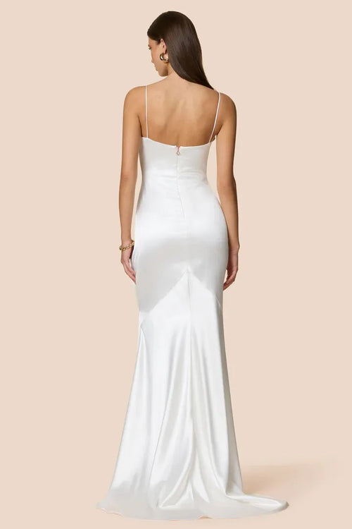 Robe de bal sirène élégante à col carré, fines bretelles, dos nu et longueur ras du sol