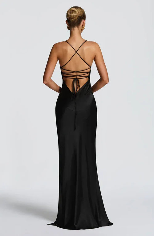Robe de soirée sirène élégante pour femmes, col en V, à fines bretelles, laçage au dos, longueur ras du sol
