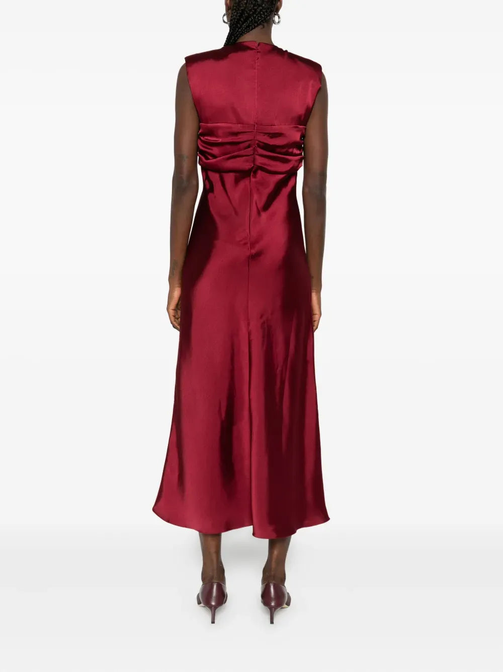 Sleek Midi V-Neck Sleeveless Ruched Back Midi Length Prom Dress