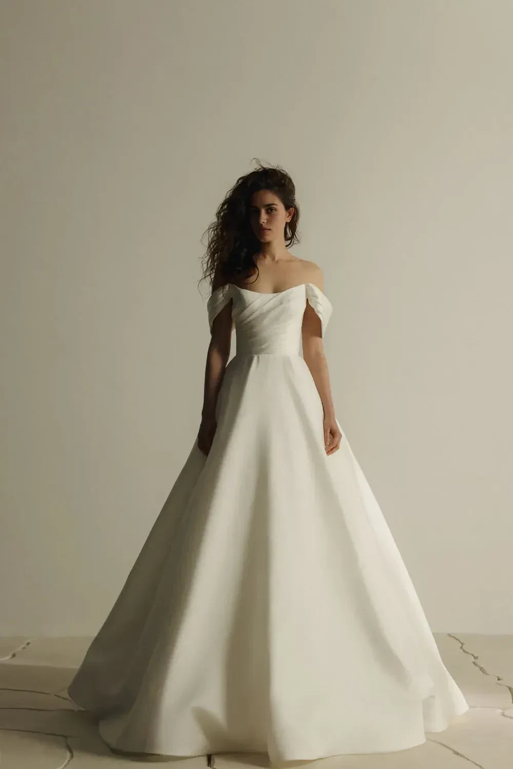 Sleek Off Shoulder Ball Gown Short Sleeve Lace Up Back Train Length Wedding Dress