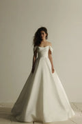 Sleek Off Shoulder Ball Gown Short Sleeve Lace Up Back Train Length Wedding Dress