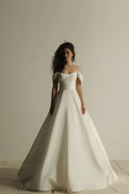 Sleek Off Shoulder Ball Gown Short Sleeve Lace Up Back Train Length Wedding Dress