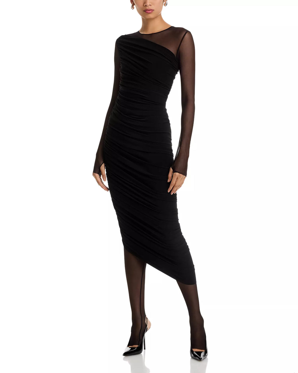 Sleek Sheath Asymmetrical Neck Mesh Sleeve Ruched Bodice Midi Length For Sale Prom Dress
