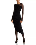 Sleek Sheath Asymmetrical Neck Mesh Sleeve Ruched Bodice Midi Length For Sale Prom Dress