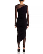 Sleek Sheath Asymmetrical Neck Mesh Sleeve Ruched Bodice Midi Length For Sale Prom Dress