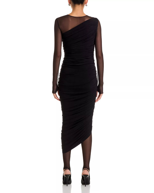 Sleek Sheath Asymmetrical Neck Mesh Sleeve Ruched Bodice Midi Length For Sale Prom Dress