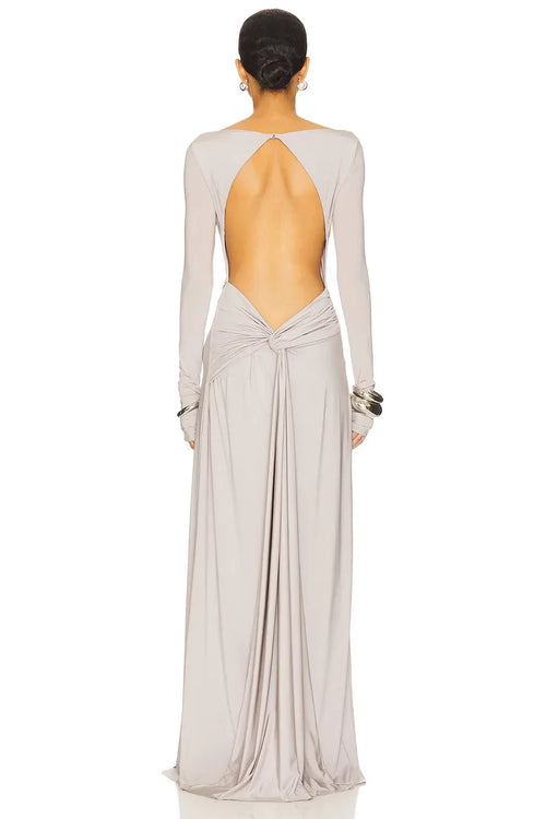 Robe de soirée fourreau élégante, col bateau, manches longues, dos noué, longueur ras du sol