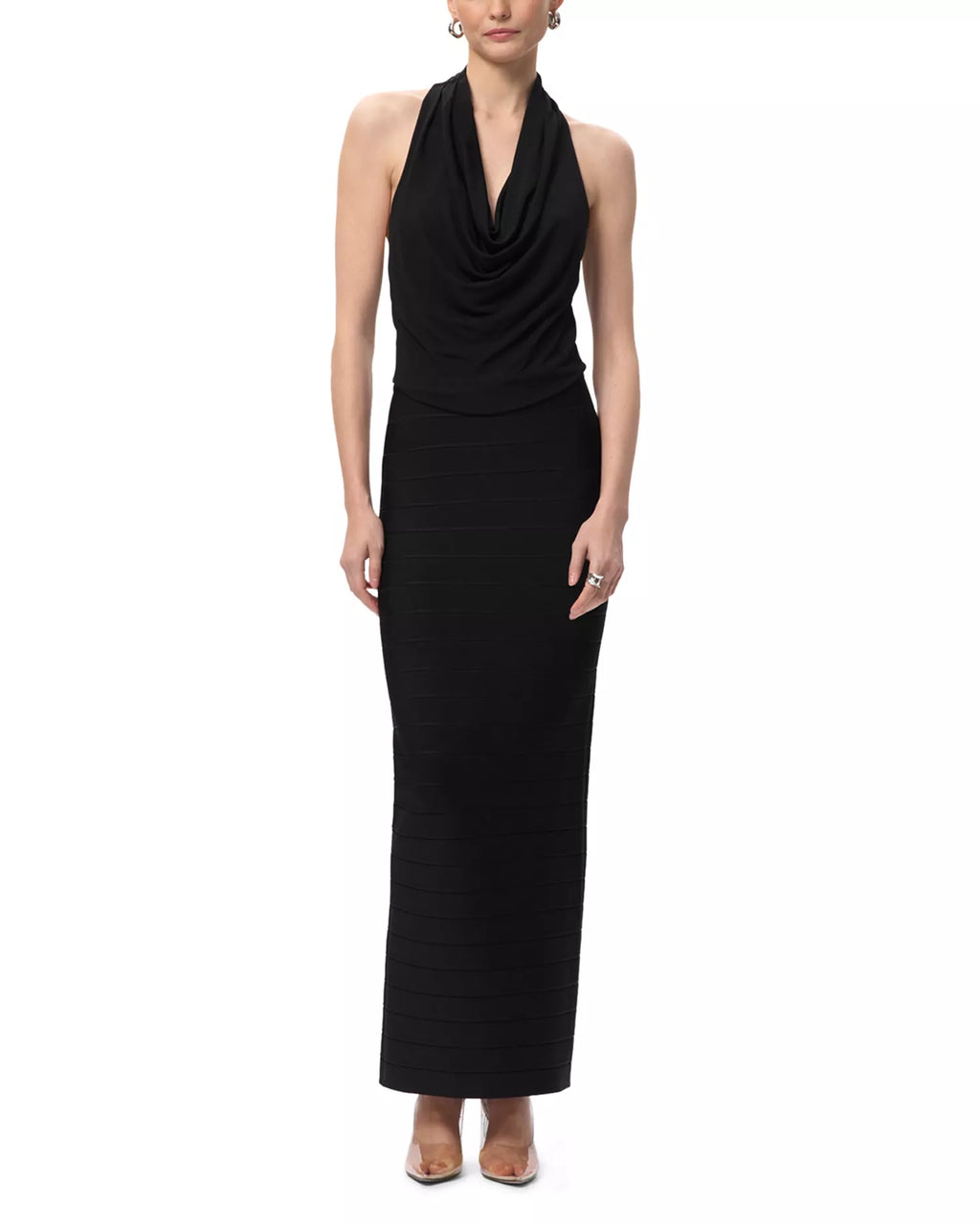 Sleek Sheath Cowl Halter Neck Sleeveless Open Back Floor Length For Ladies Prom Dress