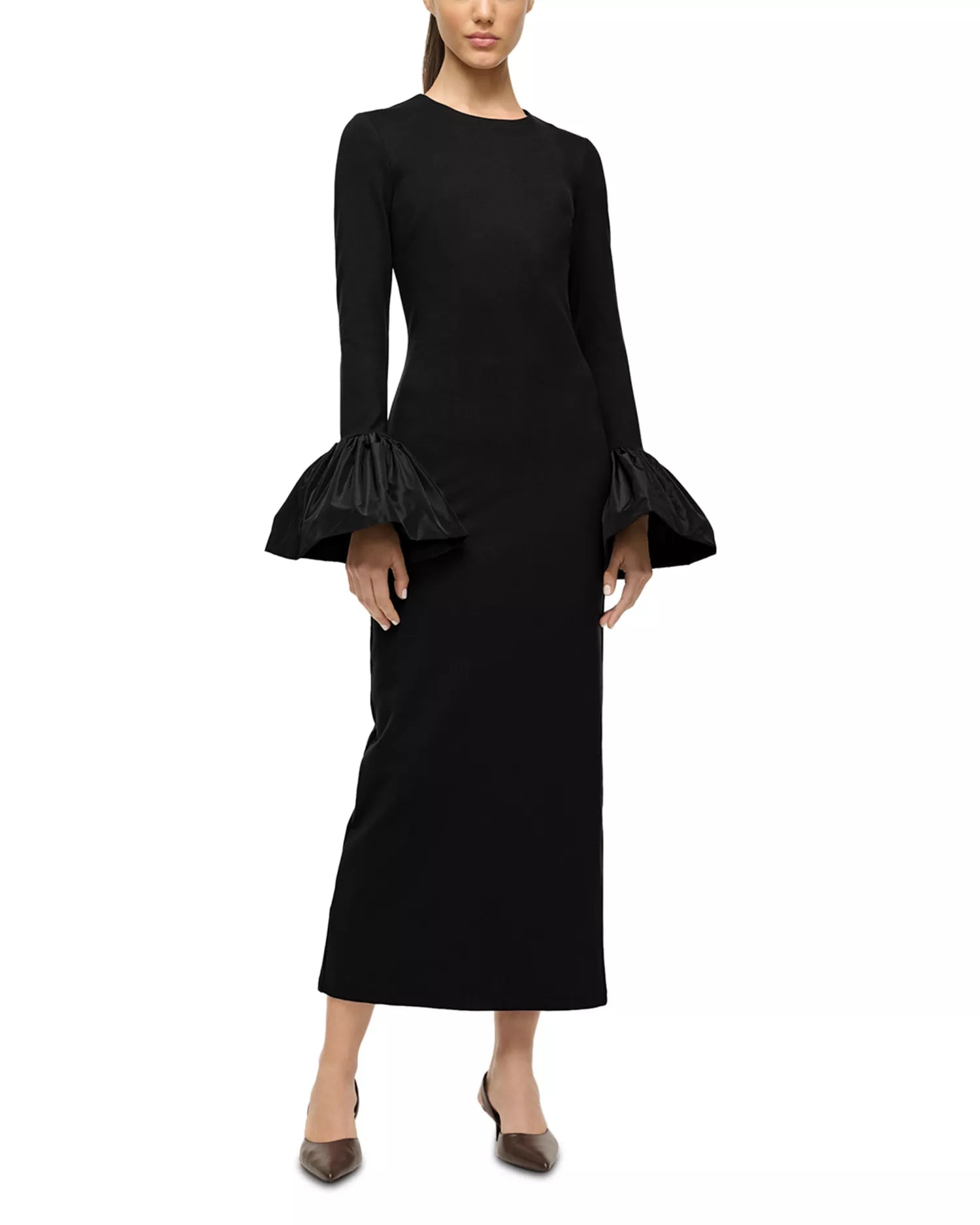 Sleek Sheath Crew Neck Bell Sleeve Zipper Back Midi Length Prom Dress
