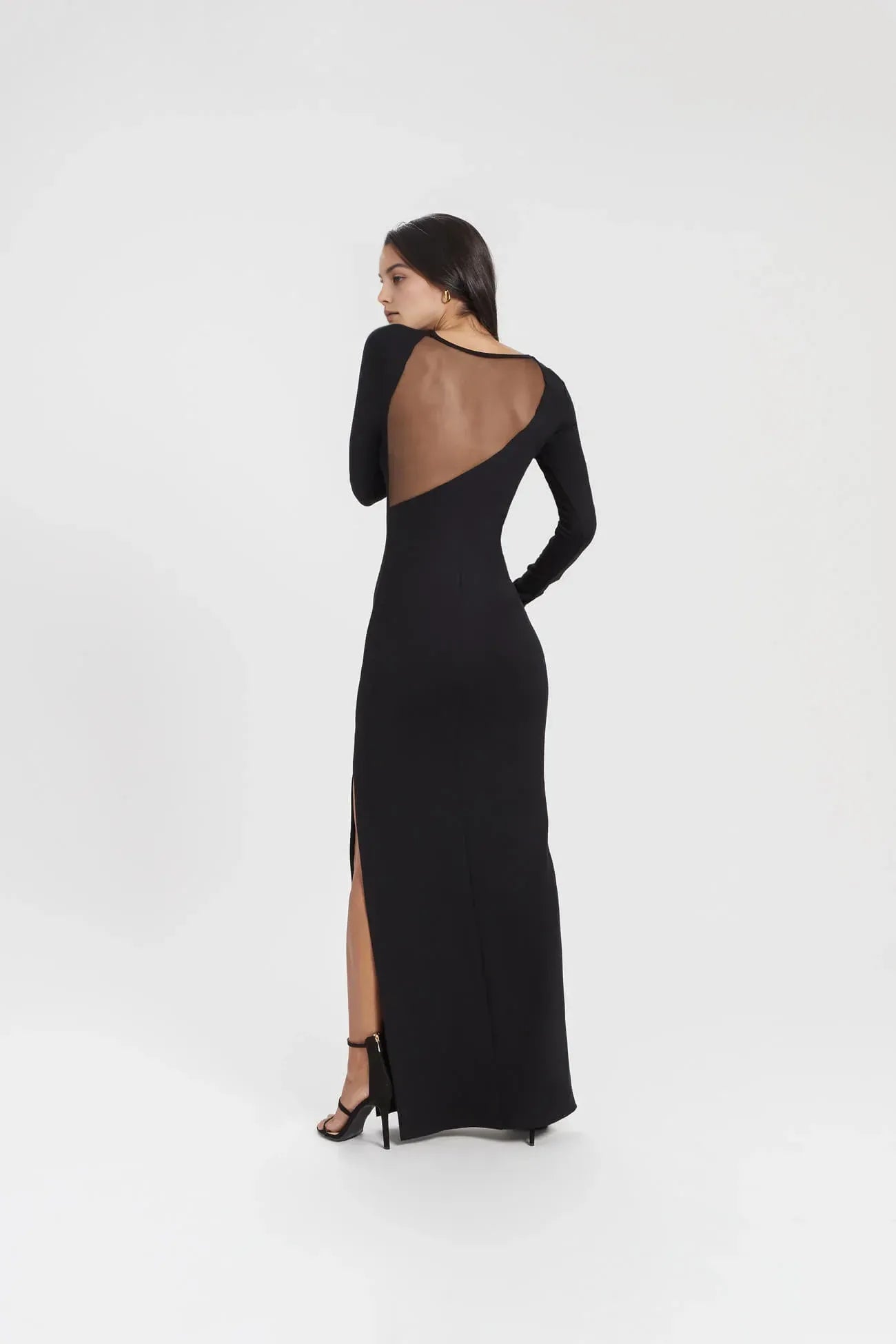 Sleek Sheath Crew Neck Long Sleeve Mesh Cutout Back Floor Length For Women Prom Dress