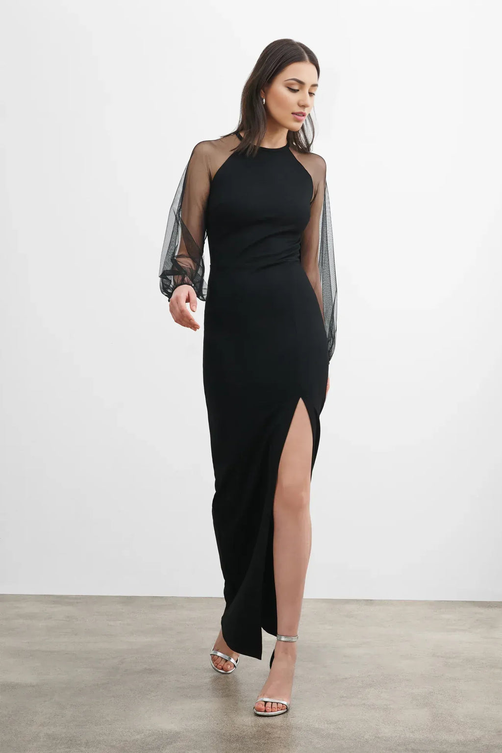 Sleek Sheath Crew Neck Sheer Puff Sleeve Cutout Back Floor Length Hot Sale Prom Dress