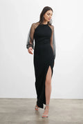 Sleek Sheath Crew Neck Sheer Puff Sleeve Cutout Back Floor Length Hot Sale Prom Dress