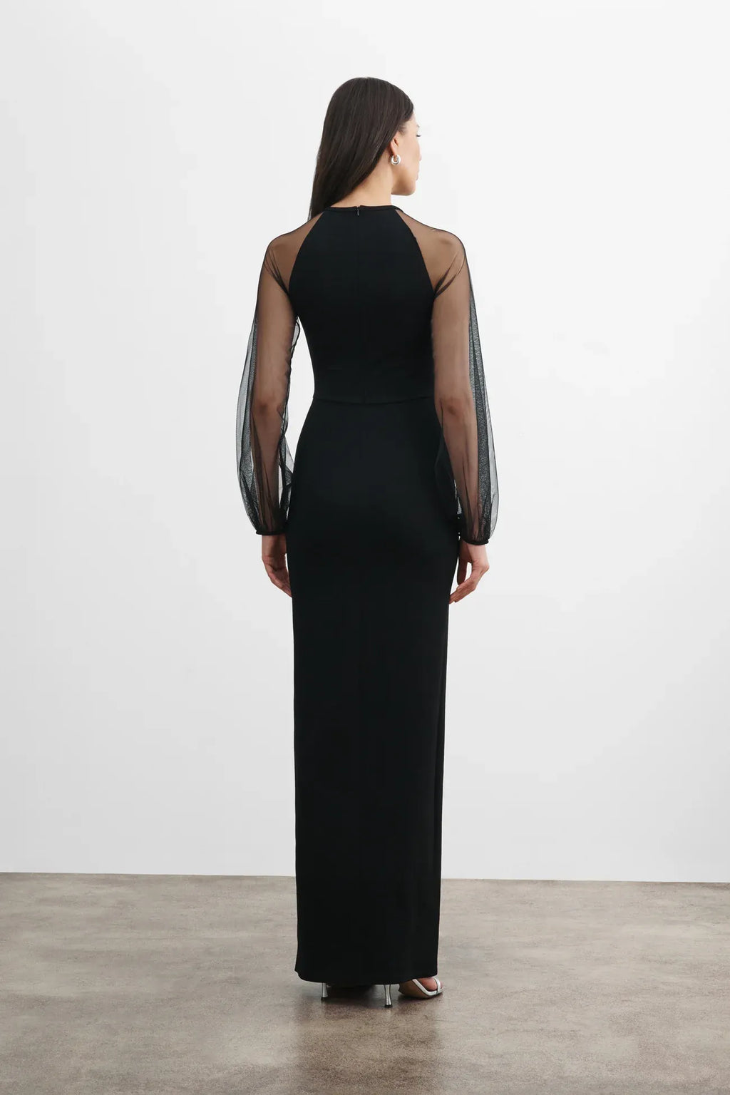 Sleek Sheath Crew Neck Sheer Puff Sleeve Cutout Back Floor Length Hot Sale Prom Dress