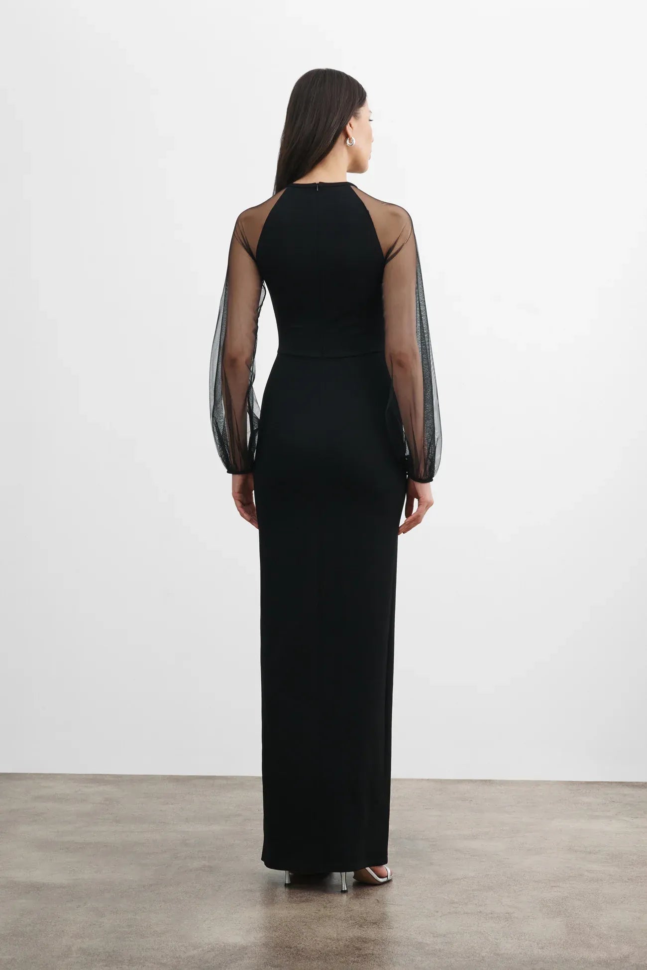 Sleek Sheath Crew Neck Sheer Puff Sleeve Cutout Back Floor Length Hot Sale Prom Dress