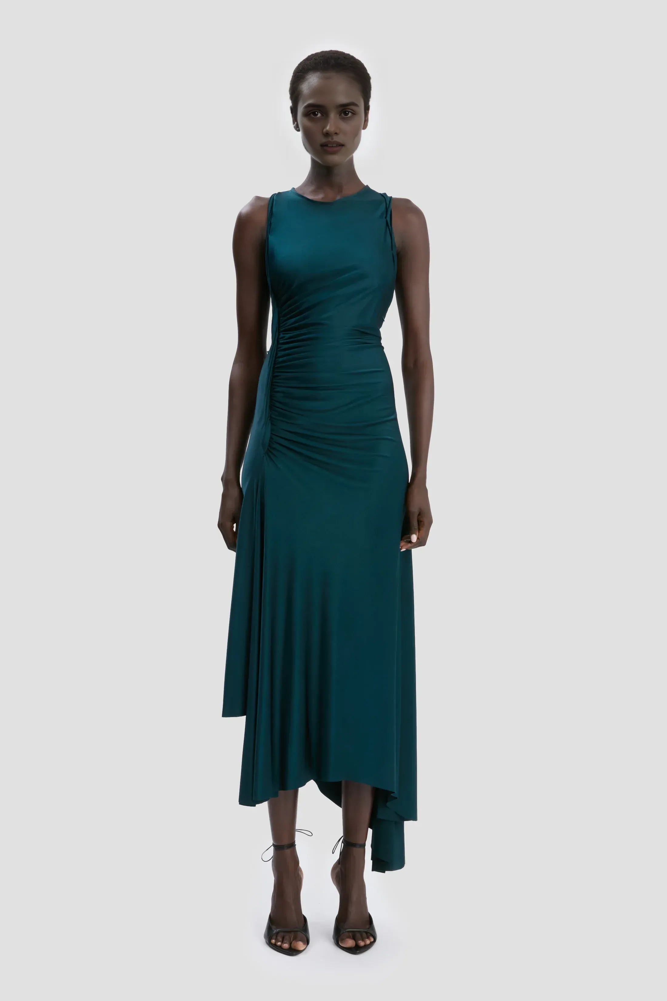 Sleek Sheath Crew-Neck Sleeveless Ruched Back Asymmetrical Floor Length For Sale Prom Dress