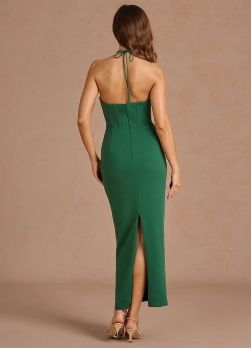 Robe de bal mi-longue fourreau ajustée, dos nu, licou croisé, sans manches pour femme