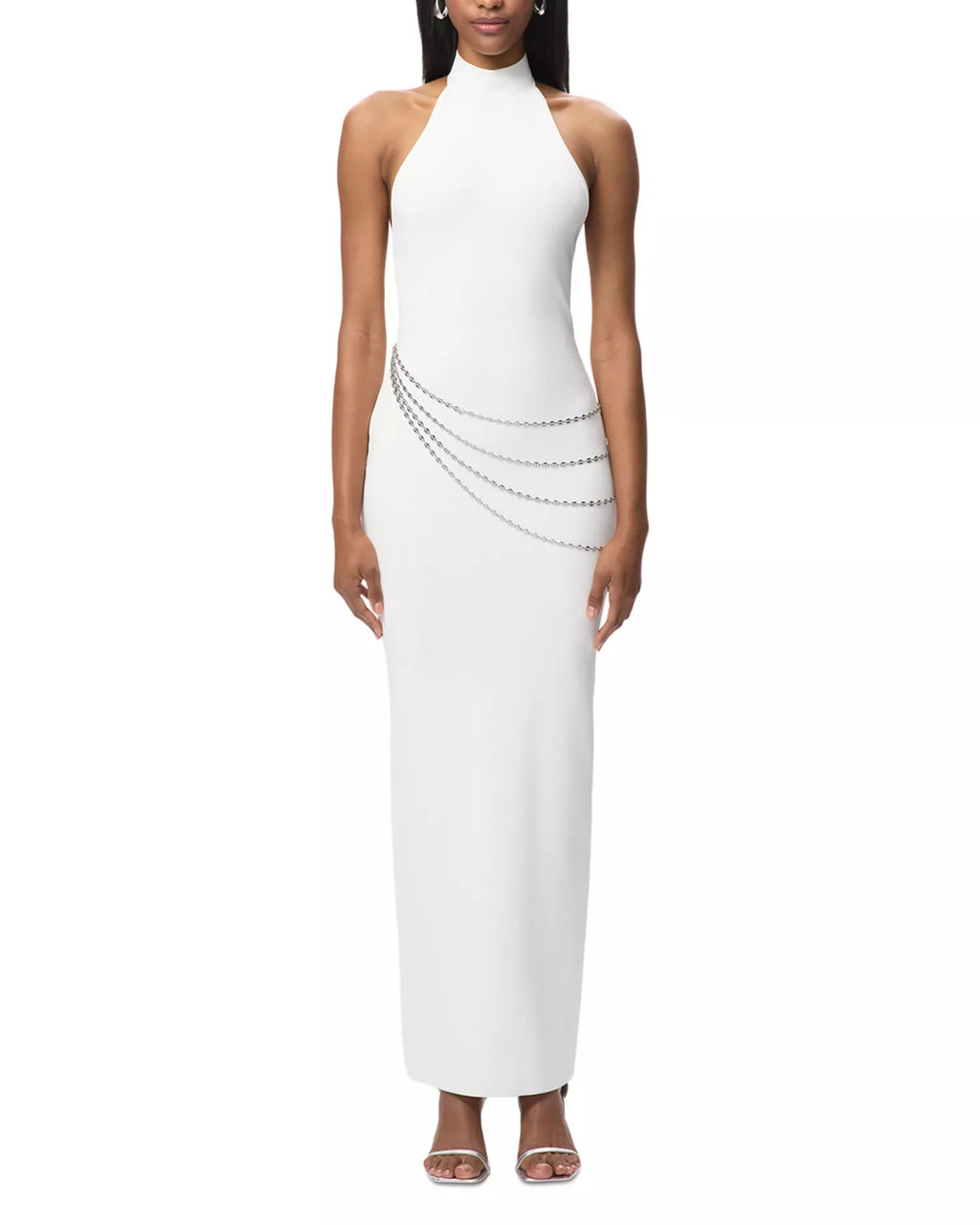 Sleek Sheath Halter Neck Chain Accent Open Back Floor Length Hot Sale Prom Dress