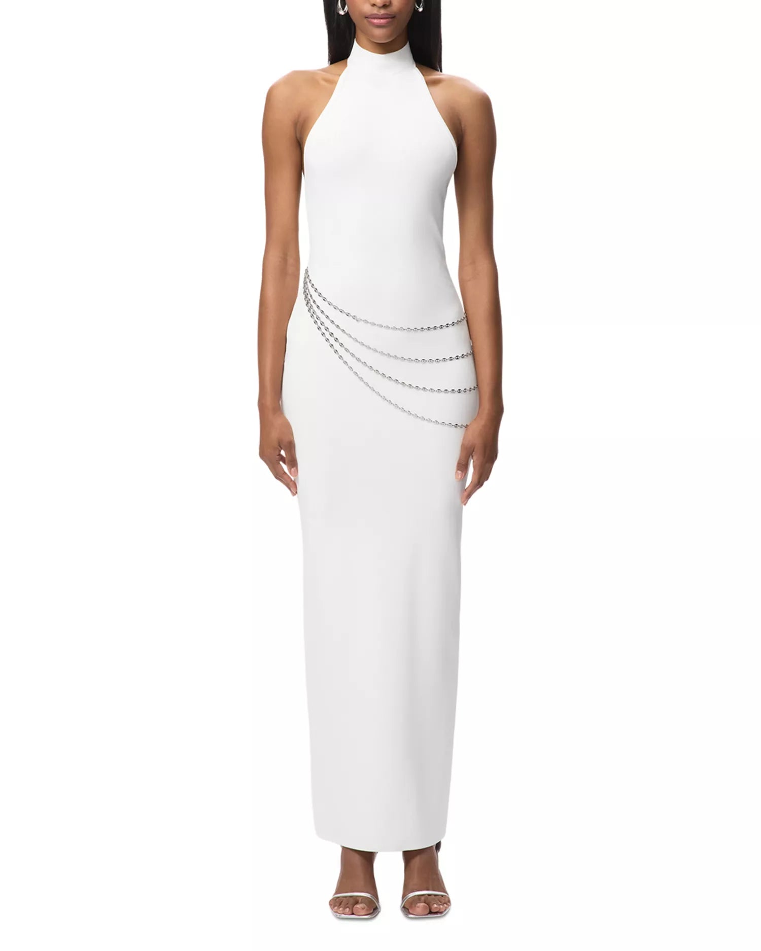 Sleek Sheath Halter Neck Chain Accent Open Back Floor Length Hot Sale Prom Dress