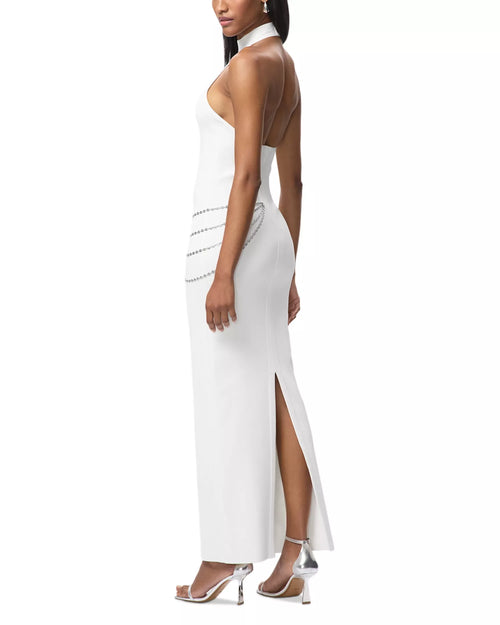 Sleek Sheath Halter Neck Chain Accent Open Back Floor Length Hot Sale Prom Dress