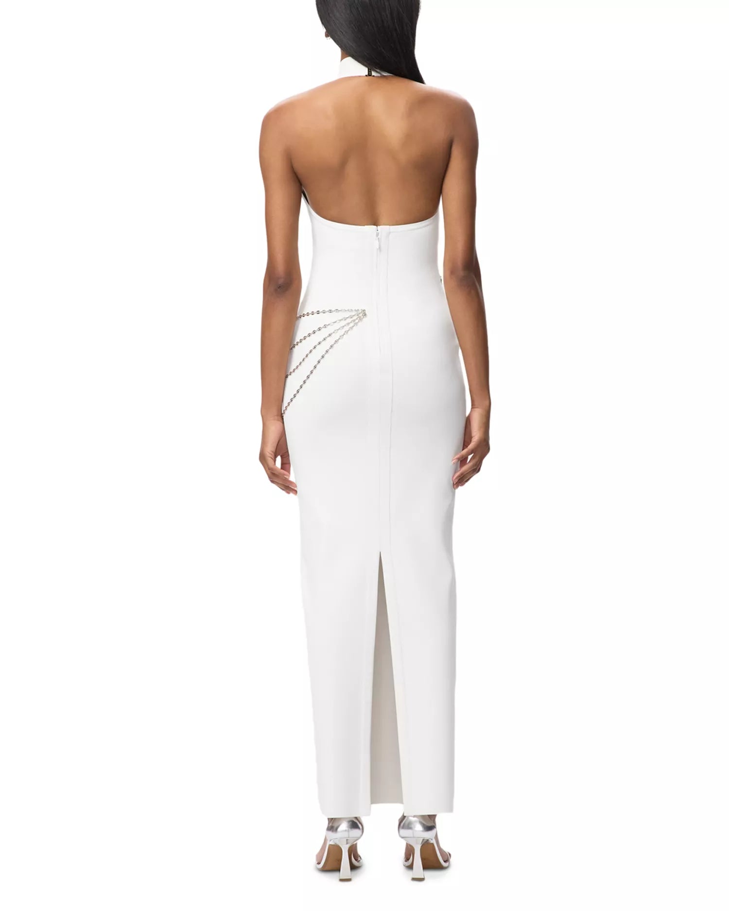 Sleek Sheath Halter Neck Chain Accent Open Back Floor Length Hot Sale Prom Dress