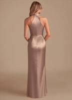 Sleek Sheath Halter Neck Sleeveless Keyhole Back Floor Length Bridesmaid Dress