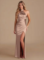 Sleek Sheath Halter Neck Sleeveless Keyhole Back Floor Length Bridesmaid Dress