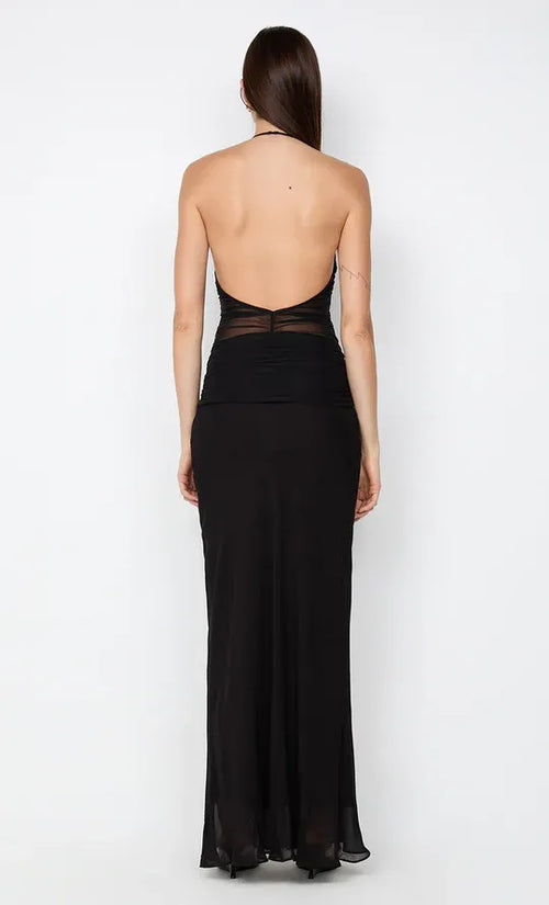 Robe de soirée longue fourreau élégante, dos transparent, col nu, sans manches pour femme