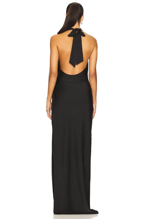 Robe de soirée longue, fourreau, sans manches, dos nu, col montant, fente haute et lien à nouer dans le dos