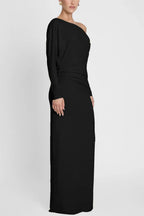 Sleek Sheath One Shoulder Long Sleeve Ruched Back Floor Length For Adults Prom Dress