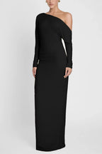 Sleek Sheath One Shoulder Long Sleeve Ruched Back Floor Length For Adults Prom Dress