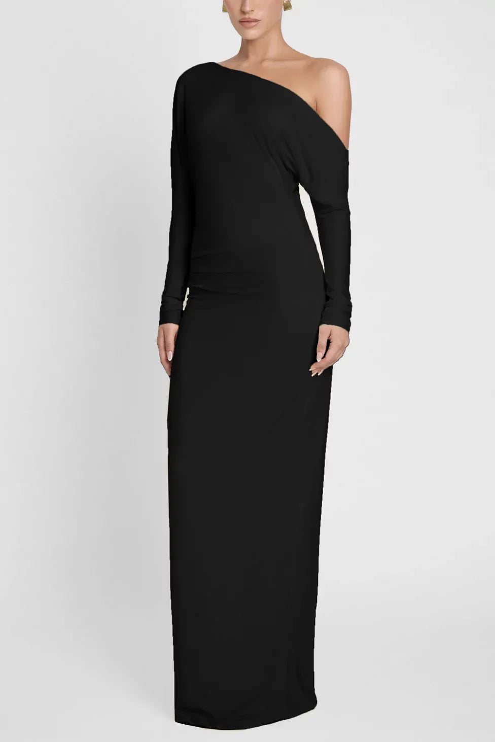 Sleek Sheath One Shoulder Long Sleeve Ruched Back Floor Length For Adults Prom Dress