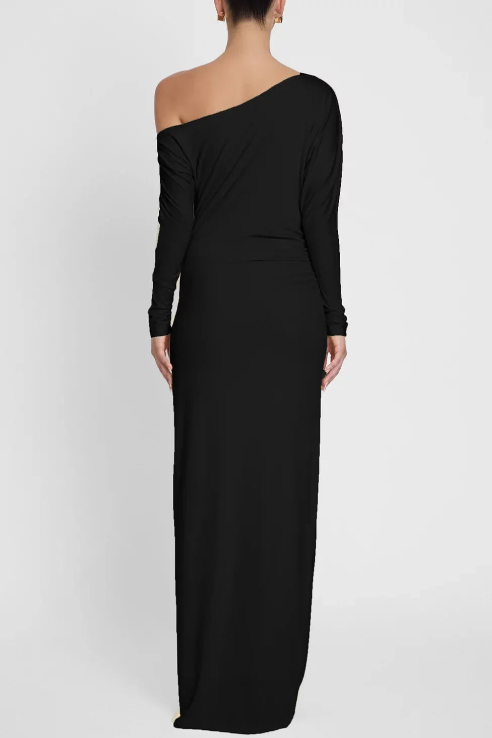 Sleek Sheath One Shoulder Long Sleeve Ruched Back Floor Length For Adults Prom Dress