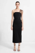 Sleek Sheath One Shoulder Sheer Sleeve Open Back Midi Length For Ladies Prom Dress