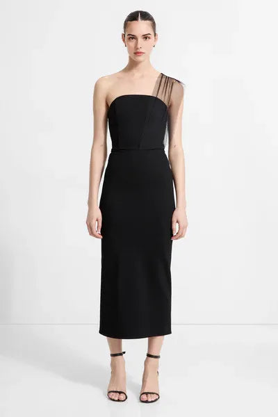 Sleek Sheath One Shoulder Sheer Sleeve Open Back Midi Length For Ladies Prom Dress