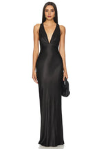 Sleek Sheath Plunging V Neck Sleeveless Crisscross Back Floor Length Evening Dress