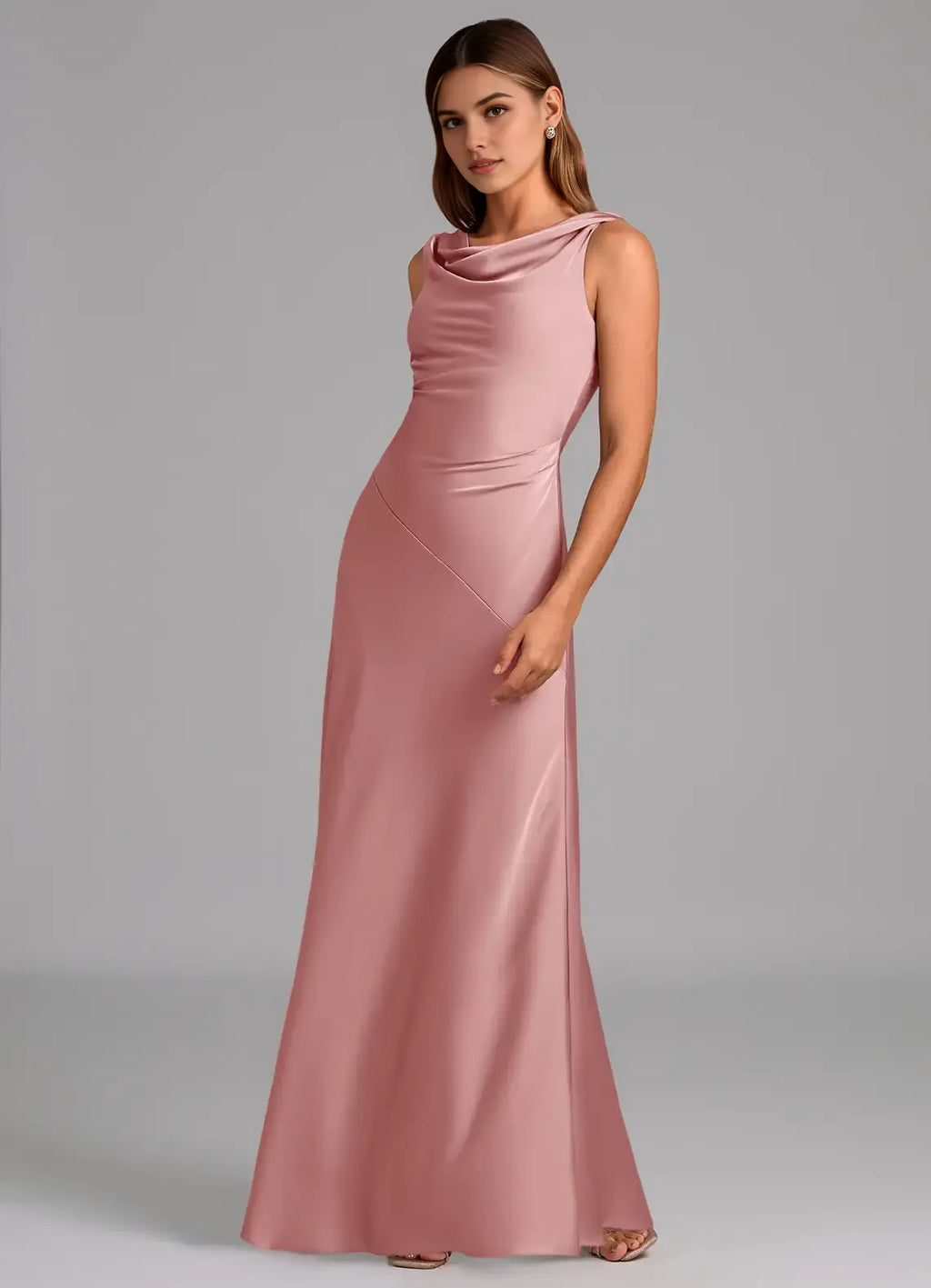 Sleek Sheath Satin Cowl Neck Sleeveless V Back Floor Length Bridesmaid Dress