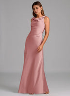 Sleek Sheath Satin Cowl Neck Sleeveless V Back Floor Length Bridesmaid Dress