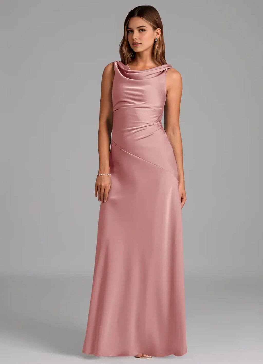 Sleek Sheath Satin Cowl Neck Sleeveless V Back Floor Length Bridesmaid Dress