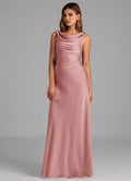 Sleek Sheath Satin Cowl Neck Sleeveless V Back Floor Length Bridesmaid Dress