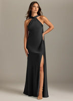 Sleek Sheath Satin Halter Neck Sleeveless Drape Back Floor Length Bridesmaid Dress