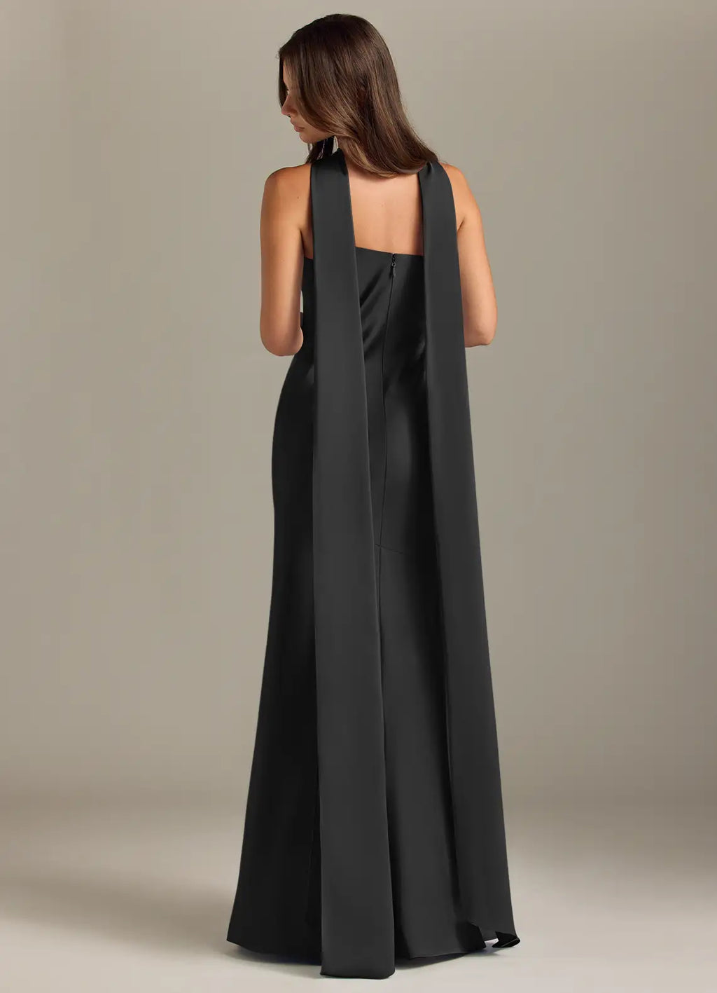 Sleek Sheath Satin Halter Neck Sleeveless Drape Back Floor Length Bridesmaid Dress