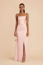 Sleek Sheath Satin Square Neck Spaghetti Strap Open Back Floor Length Bridesmaid Dress