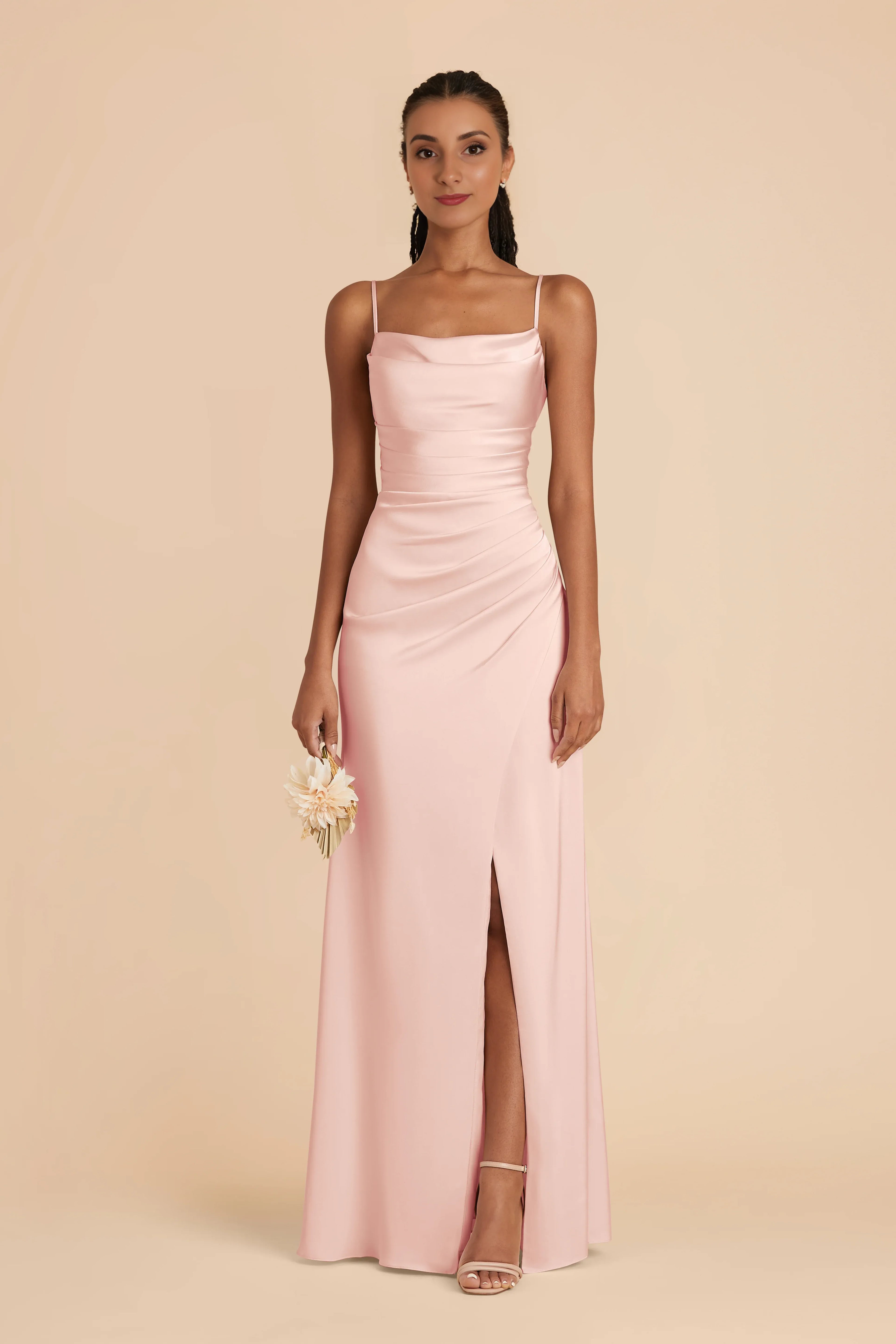 Sleek Sheath Satin Square Neck Spaghetti Strap Open Back Floor Length Bridesmaid Dress