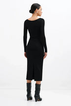 Sleek Sheath Square Neck Mesh Sleeve Zipper Back Midi Length For Ladies Prom Dress