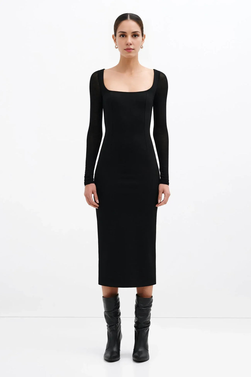 Sleek Sheath Square Neck Mesh Sleeve Zipper Back Midi Length For Ladies Prom Dress
