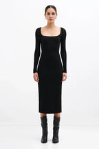 Sleek Sheath Square Neck Mesh Sleeve Zipper Back Midi Length For Ladies Prom Dress