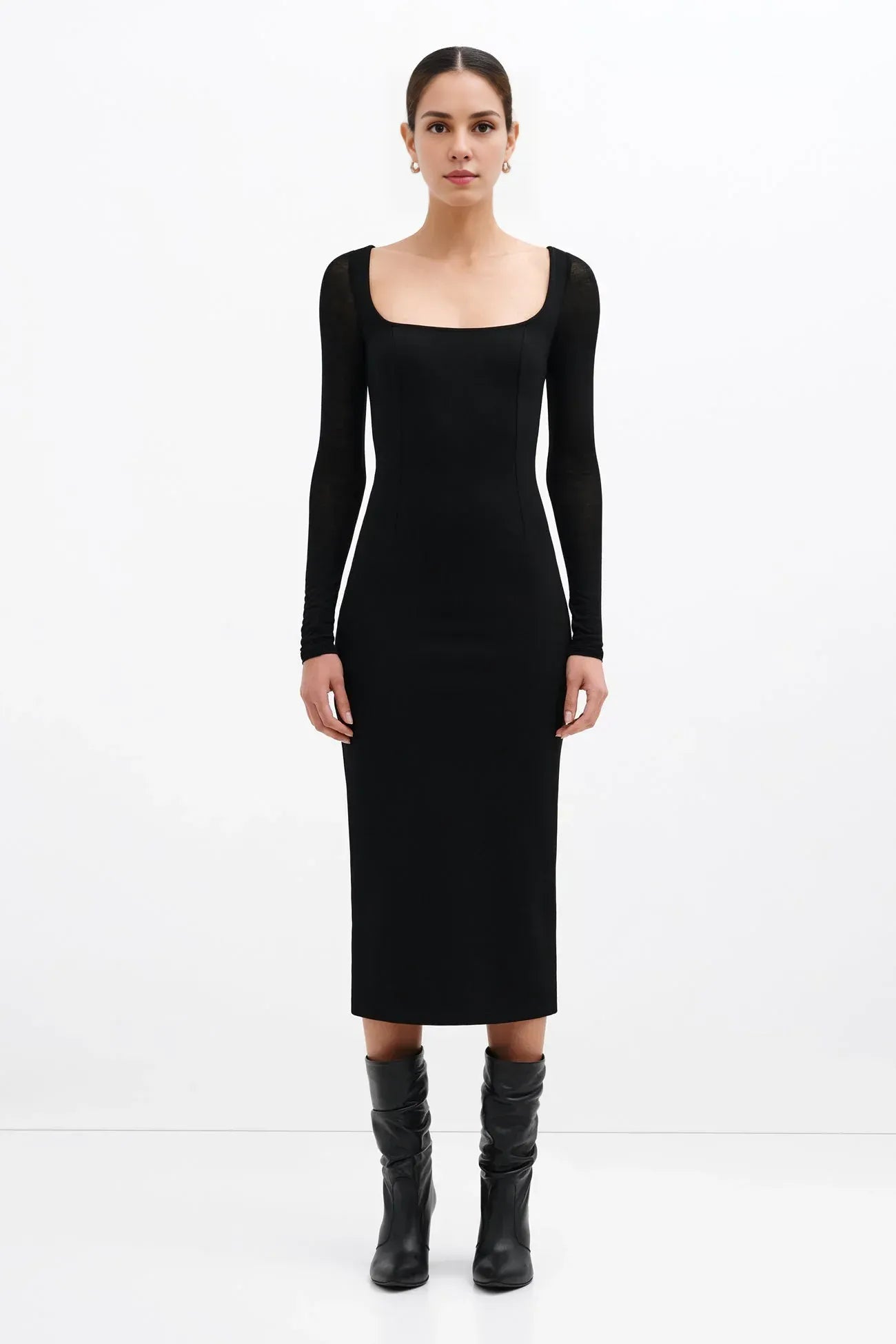 Sleek Sheath Square Neck Mesh Sleeve Zipper Back Midi Length For Ladies Prom Dress