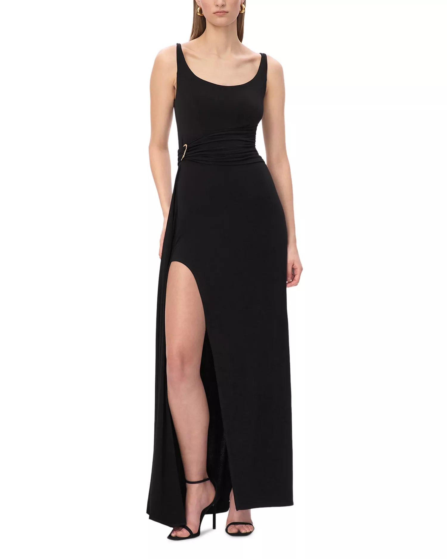 Sleek Sheath Square Neck Sleeveless Buckle Detail High Slit Floor Length Hot Sale Prom Dress