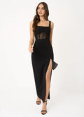 Sleek Sheath Square Neck Sleeveless Lace Insert Back Midi Length For Sale Prom Dress