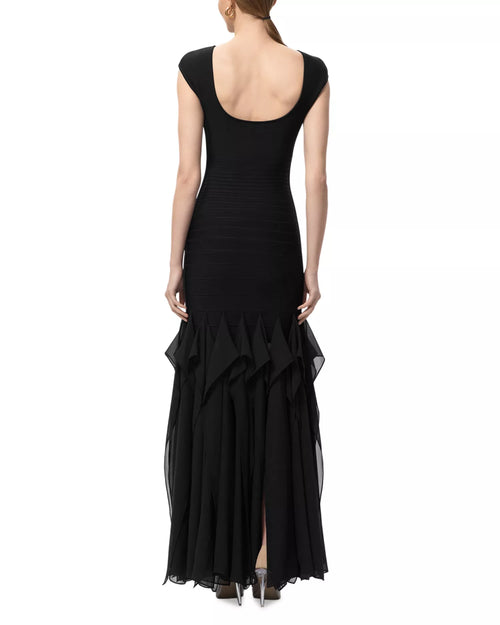 Élégante robe de bal longue coupe trompette, encolure bateau, manches courtes, dos décolleté